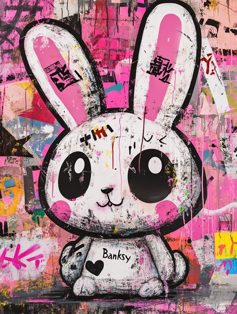 A vibrant, graffiti-style artwork depicts a cartoon rabbit.  The rabbit is predominantly white with large, expressive black eyes and pink ears, adorned with stylized kanji characters.  The background is a chaotic mix of pink, black, and other bright colors, resembling a graffiti wall. The word "Banksy" is inscribed on the rabbit's chest, accompanied by a small black heart.  The overall style is bold and playful, yet edgy.