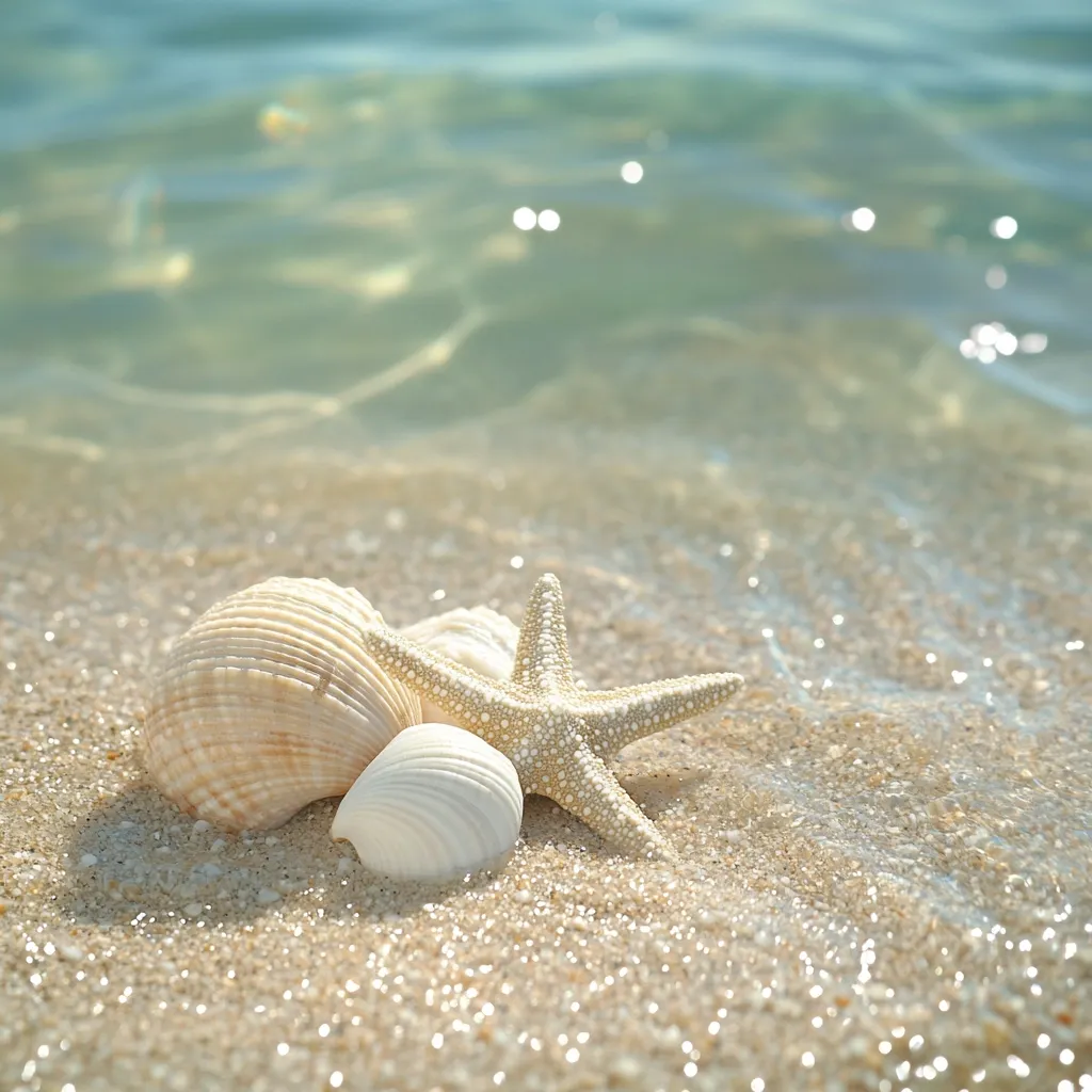 A starfish rests on a sandy beach beside two seashells, gently lapped by translucent, sunlit water.  The scene evokes a tranquil beach setting, with the shells and starfish showcasing the beauty of natural coastal treasures.  The shallow water creates a shimmering effect on the sand, enhancing the peaceful ambiance.