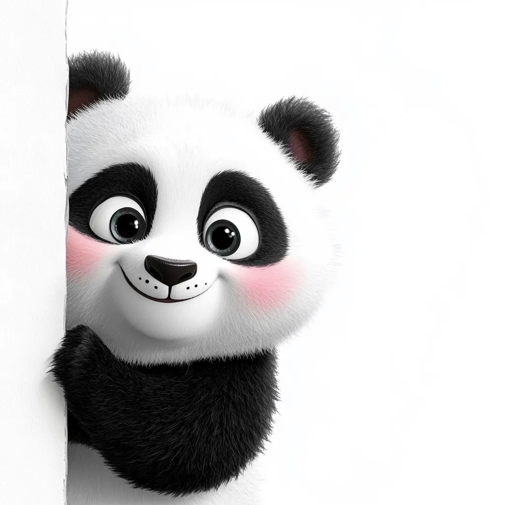 A cute, cartoon panda peeks around a white corner, its large, expressive eyes and rosy cheeks adding to its charming appearance.  The panda's fluffy fur is realistically rendered, and its joyful expression suggests playfulness and curiosity. The image is simple yet captivating, perfect for children's media or branding.