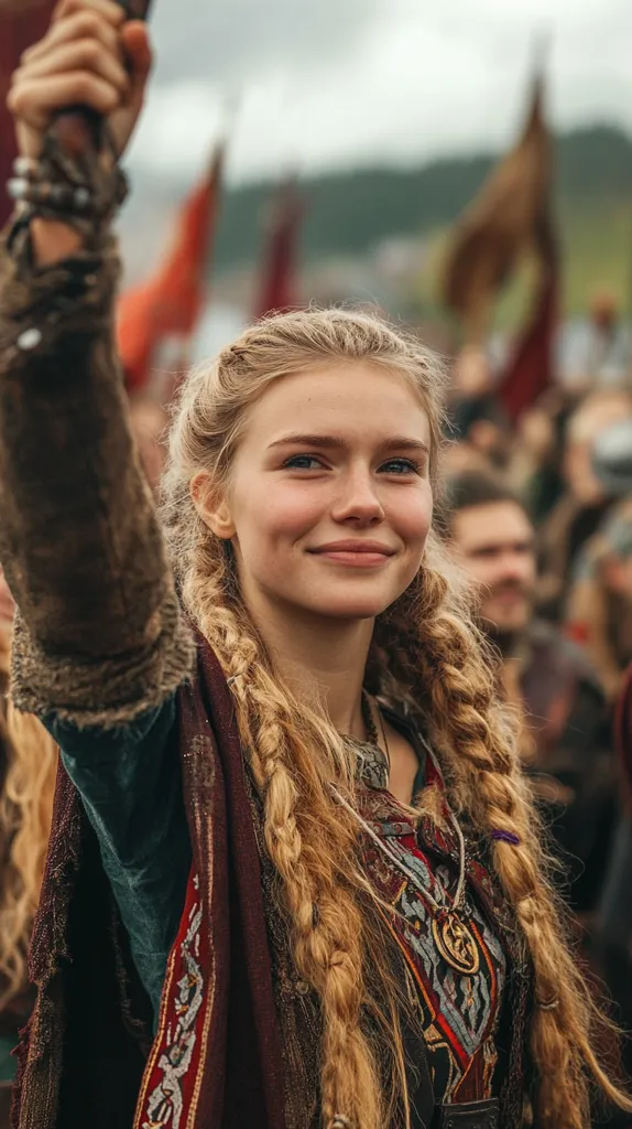 A young woman with long blonde braids, dressed in a dark, richly embroidered tunic and cloak, stands amidst a blurred background of people and flags.  She holds a partially visible object aloft in her raised hand, suggesting a moment of action or celebration. Her expression is serene yet strong, hinting at a narrative of strength and possibly a historical or fantasy setting. The overall image evokes a feeling of power and ancient traditions.