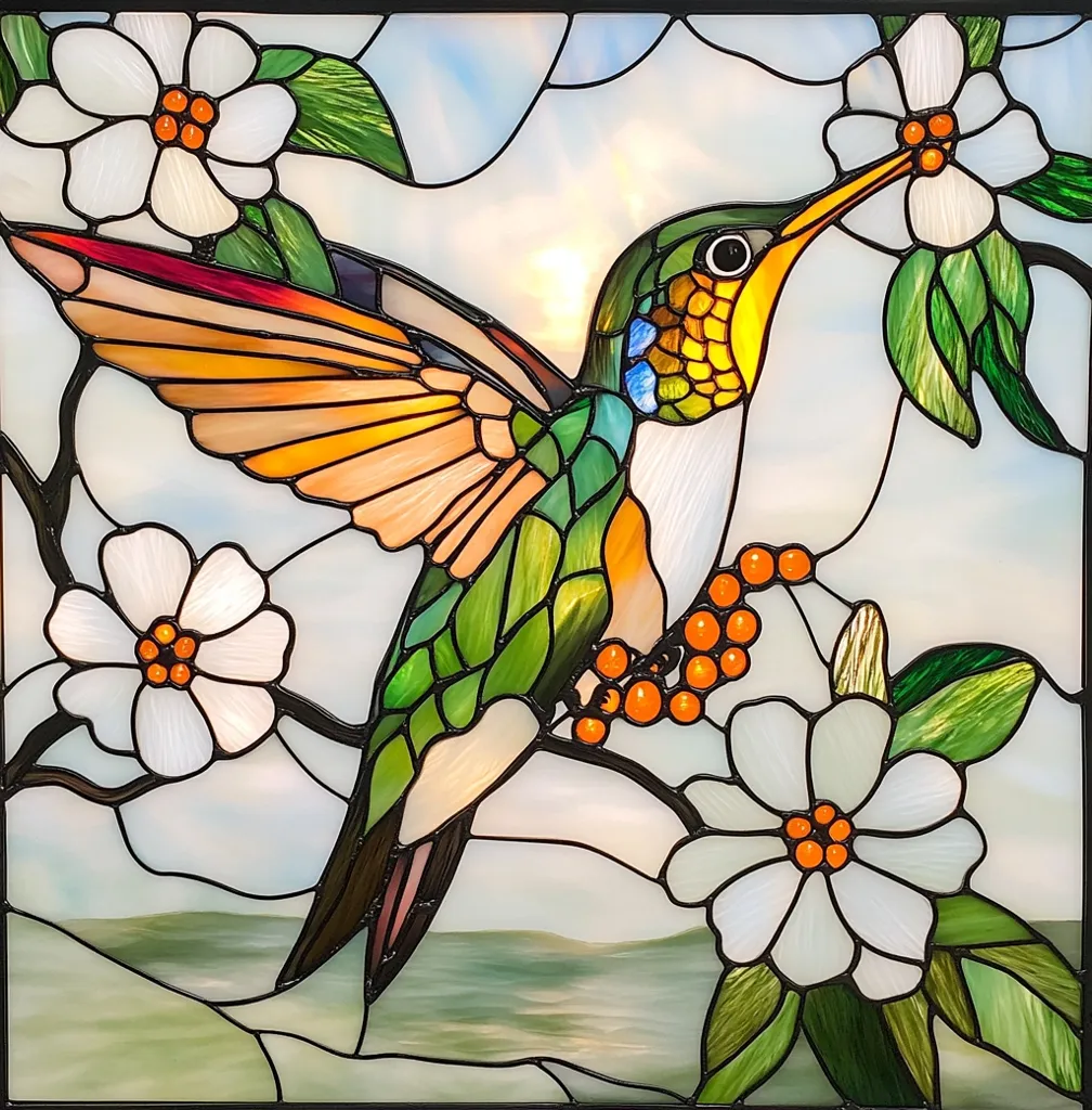 A vibrant stained-glass artwork depicts a hummingbird in flight, delicately feeding from a flowering branch.  The hummingbird's iridescent plumage is rendered in rich greens, oranges, and reds, contrasting beautifully with the white blossoms and deep green foliage. The background features a soft, hazy sky above a tranquil body of water, completing the serene and colorful scene.  The piece is crafted with meticulous detail, showcasing the artistry of stained glass.