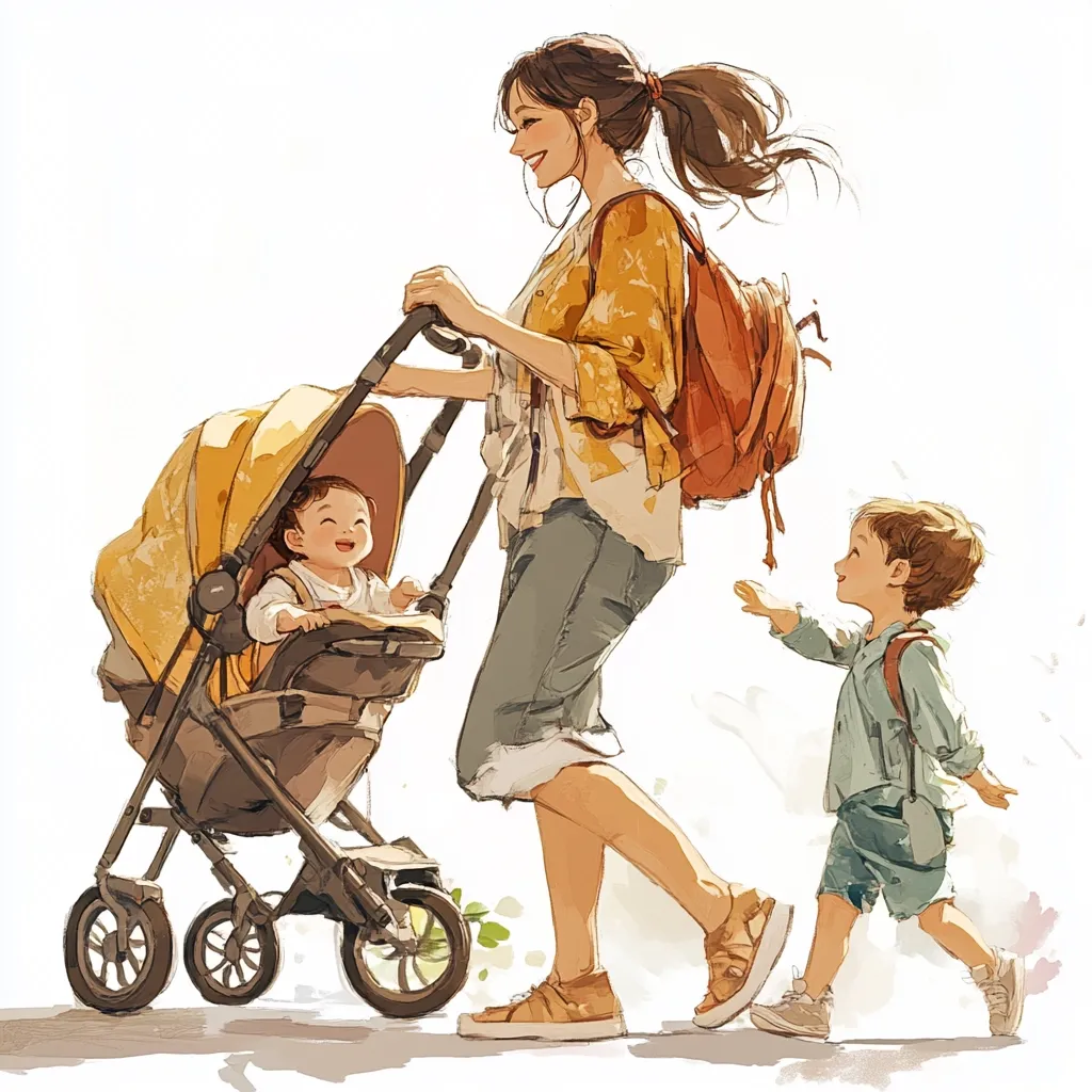 A smiling mother pushes a stroller containing a baby while a toddler walks beside her, reaching out a hand.  The mother wears a yellow cardigan and carries a backpack. The scene is light and airy, painted in a soft, illustrative style. The overall impression is one of happy family life and a pleasant outing.