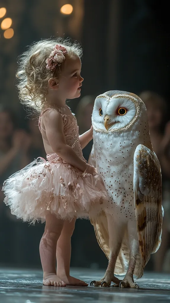 A young girl in a pale pink tutu stands beside a large barn owl.  The girl, with curly blonde hair adorned with a floral hairpiece, gazes at the owl, which is calmly positioned next to her. The scene is softly lit, creating a whimsical and enchanting atmosphere.  The contrast between the delicate child and the majestic bird is striking, suggesting a bond of gentleness and wonder.