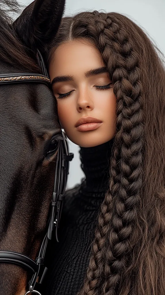 A young woman with long, dark brown hair styled in a thick braid rests her head against a black horse.  Her eyes are closed, conveying a sense of peace and connection with the animal.  She wears a black turtleneck sweater. The horse's bridle is visible, suggesting a close bond between the woman and her equine companion. The overall mood is serene and intimate.
