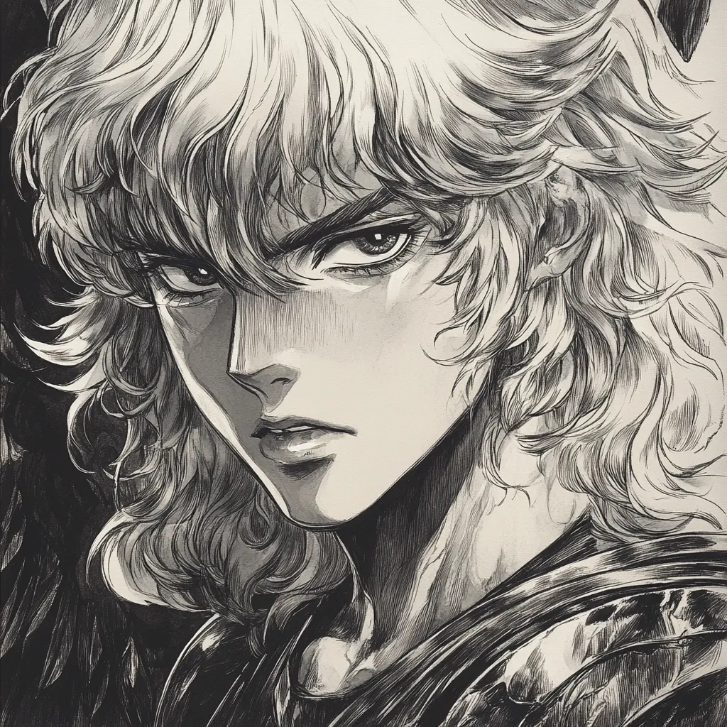 A striking black and white illustration features a close-up portrait of a young man with shoulder-length, wavy hair. His intense gaze and serious expression are accentuated by the detailed shading and linework, giving him a strong and determined appearance.  The style is reminiscent of manga or graphic novel art, emphasizing dramatic contrast and texture.  He appears to be wearing dark, possibly armored clothing.