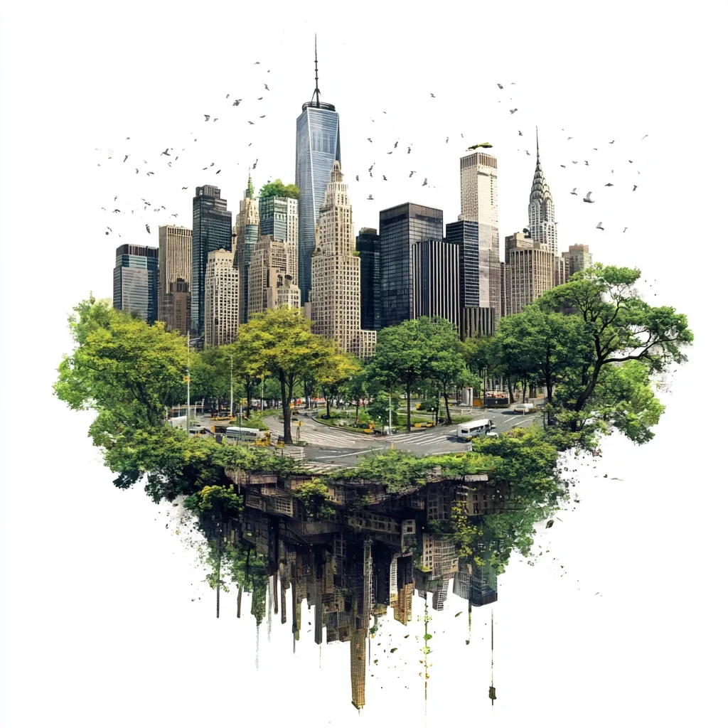 A vibrant cityscape, possibly New York, is depicted as a floating island amidst lush greenery.  Surrounded by trees and birds, the skyscrapers appear integrated with nature.  The image is a surreal juxtaposition, suggesting a harmonious blend of urban development and environmental preservation.  A mirrored reflection of the city below hints at the potential consequences of environmental neglect.