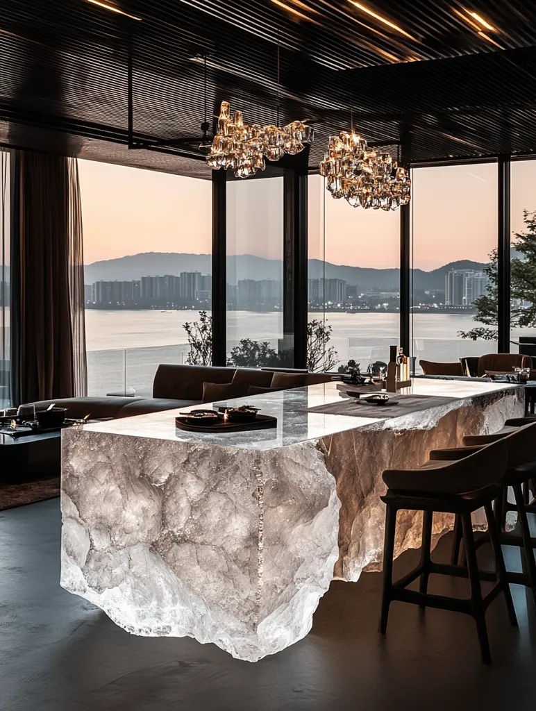 A breathtaking modern kitchen features a stunning, large, raw-edged quartz countertop island, illuminated from within.  Two crystal chandeliers hang above, adding to the luxurious ambiance. Floor-to-ceiling windows offer panoramic views of a tranquil lake and cityscape at sunset.  The overall design is sophisticated and minimalist, with dark wood accents complementing the light-colored island.  High-end bar stools are positioned around the island.