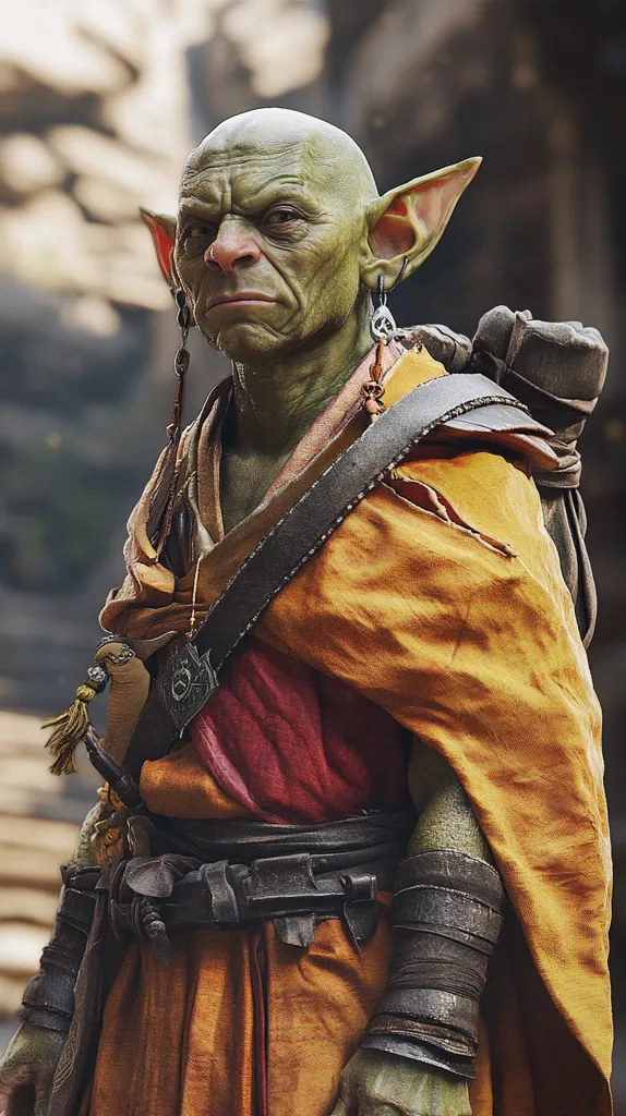 A weathered, green-skinned goblin-like creature with pointed ears and a stern expression is depicted.  He wears a worn, ochre-colored robe over a reddish undergarment, secured with a dark leather belt.  A satchel hangs from his shoulder, and he sports dark armbands and earrings.  The background is blurred, suggesting a weathered, possibly ancient setting. The overall impression is one of a seasoned traveler or hermit.