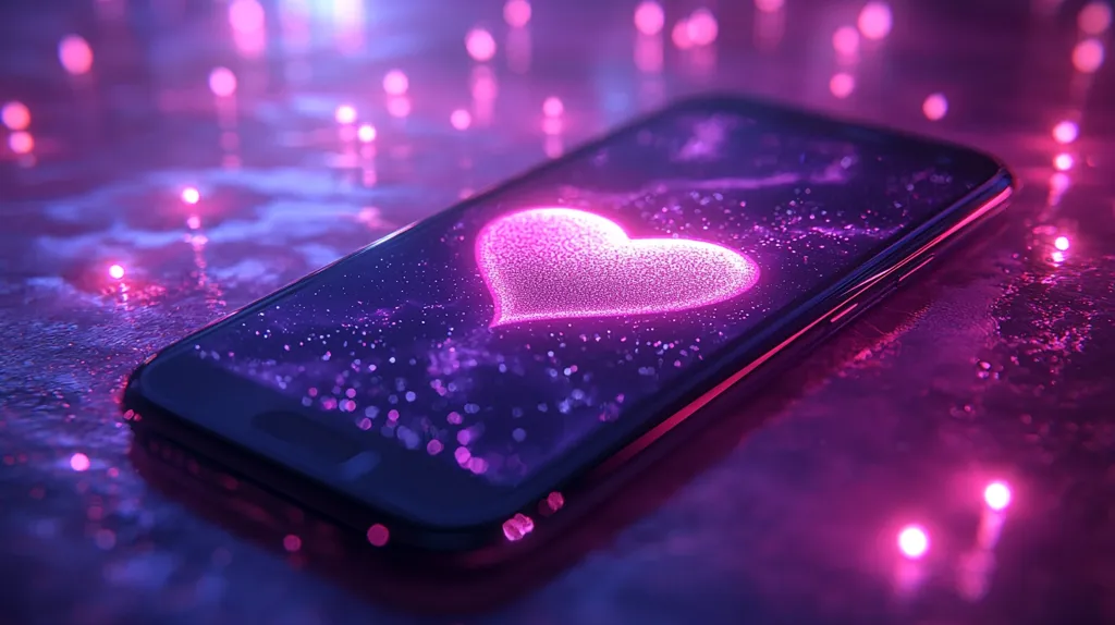 A smartphone rests on a reflective surface, illuminated by a soft, purple glow.  A sparkling, pink heart is displayed on the screen, a symbol of love and connection.  The background is filled with bokeh lights, creating a dreamy and romantic atmosphere.  The overall image evokes feelings of warmth and digital affection.