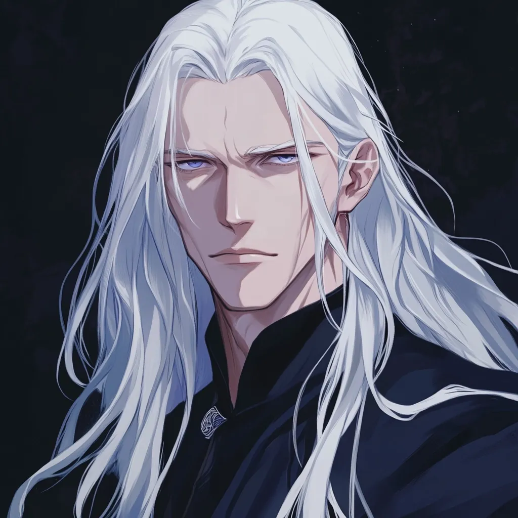 The image showcases a stylized portrait of a man with exceptionally long, flowing white hair. His expression is serious, almost stern, and his piercing blue eyes command attention.  He's dressed in dark, high-collared clothing, suggesting a character of power or mystery. The art style is reminiscent of anime or digital painting, with a focus on sharp lines and soft shading. The dark background emphasizes the subject, creating a dramatic and captivating image.