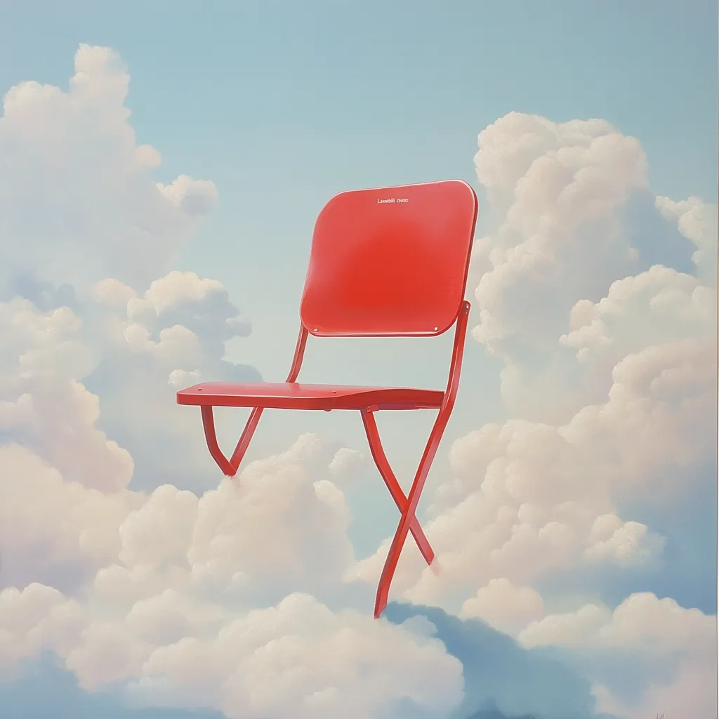 A vibrant red folding chair floats serenely amidst a sea of fluffy white clouds against a pale blue sky.  The chair, seemingly weightless, is the focal point of the surreal and dreamlike scene, creating a sense of tranquility and unexpected possibility.  The artist's signature is subtly visible.