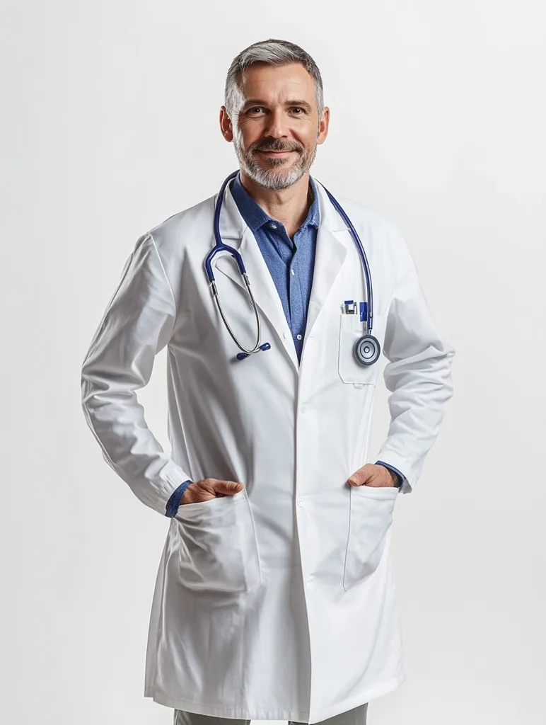 A middle-aged male doctor with graying hair and a beard smiles warmly at the camera. He's wearing a pristine white lab coat over a blue collared shirt, his hands comfortably in his pockets.  A stethoscope is neatly draped around his neck. The background is a plain white studio backdrop.  His expression is confident and approachable.