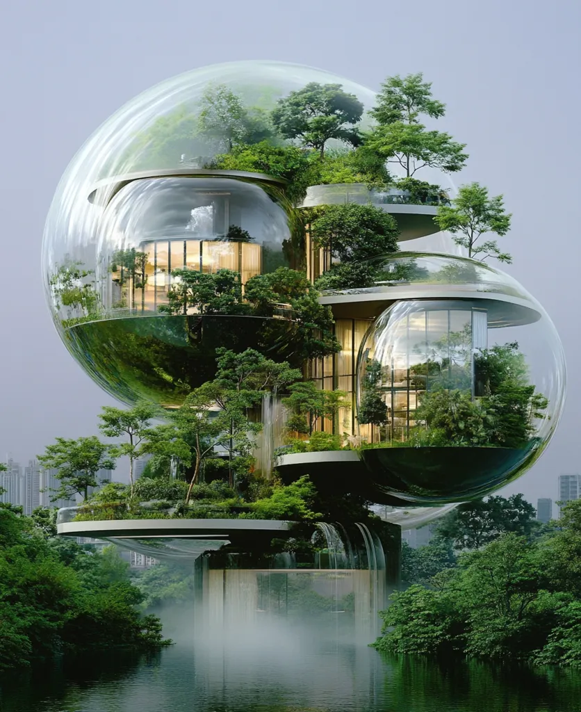 A futuristic, eco-friendly home is depicted, nestled within a series of interconnected transparent spheres. Lush greenery and waterfalls cascade down the structure, creating a harmonious blend of nature and architecture. The home appears to be elevated, overlooking a tranquil body of water surrounded by verdant forest, offering a serene and sustainable living experience.  The design suggests innovative technology seamlessly integrated with the natural environment.
