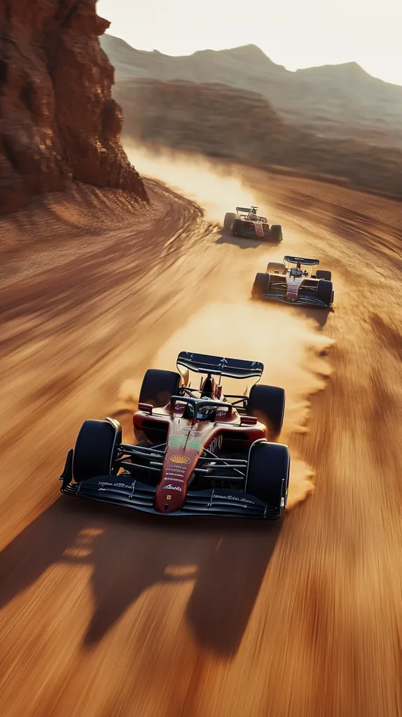 Three Formula 1 cars race along a dusty, desert track.  The lead car, a Ferrari, kicks up a cloud of sand as it navigates a sweeping curve.  The setting sun casts long shadows across the arid landscape, enhancing the dramatic scene.  The other two cars follow closely behind, creating a sense of speed and competition.