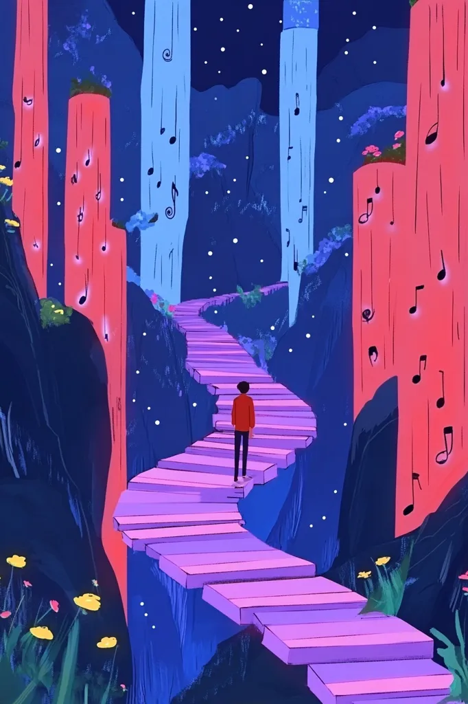 A lone figure stands on a winding purple staircase, ascending through a surreal, nighttime landscape.  Tall, slender structures, reminiscent of musical notes, line the path. The scene is vibrant with blues, purples, and reds, creating a dreamy and slightly melancholic atmosphere under a starlit sky.  The overall impression is one of musical journey and introspection.