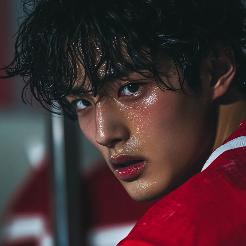 A close-up portrait of a young man with dark, wet hair.  His skin glistens with sweat, and his expression is intense, looking over his shoulder. He wears a red jersey, suggesting athletic activity. The background is blurred, focusing attention on his face and the texture of his skin. The overall mood is dramatic and powerful.