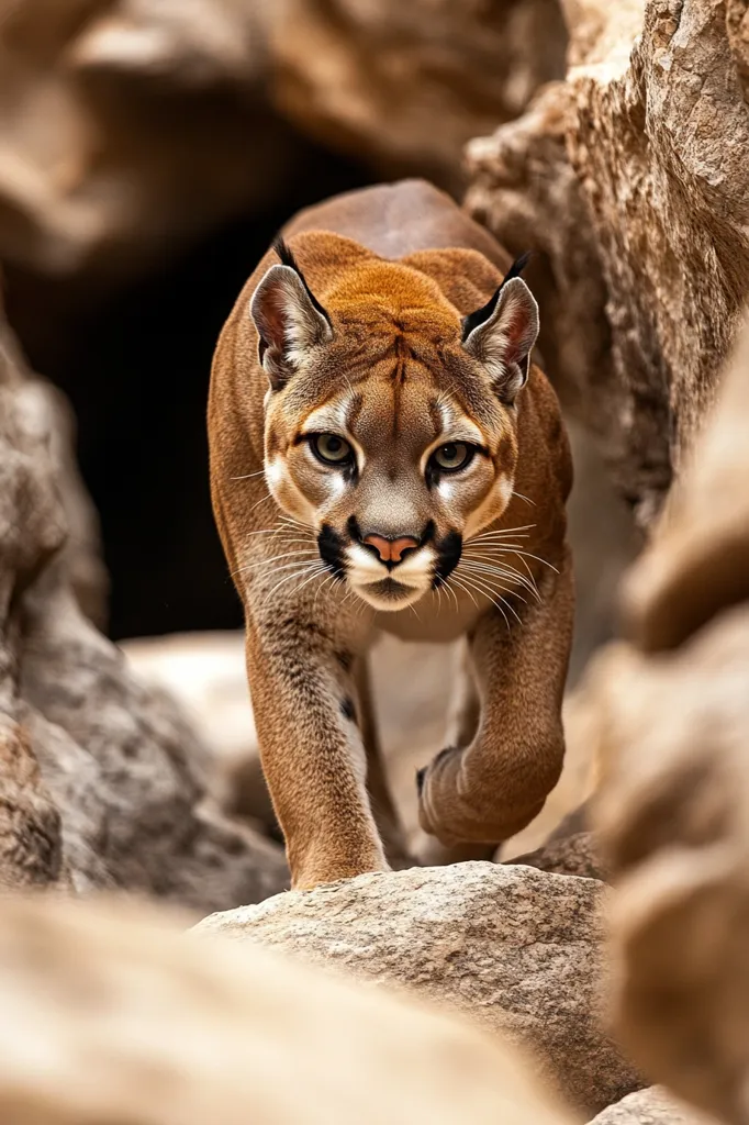 A cougar, its tawny fur blending with the rocky terrain, strides purposefully through a narrow passage.  Its intense gaze is directed straight ahead, showcasing its powerful build and wild nature. The rough texture of the rocks contrasts sharply with the cat's sleek coat, creating a dramatic and captivating image. The cougar's presence commands attention, a testament to its strength and predatory instincts within its natural habitat.