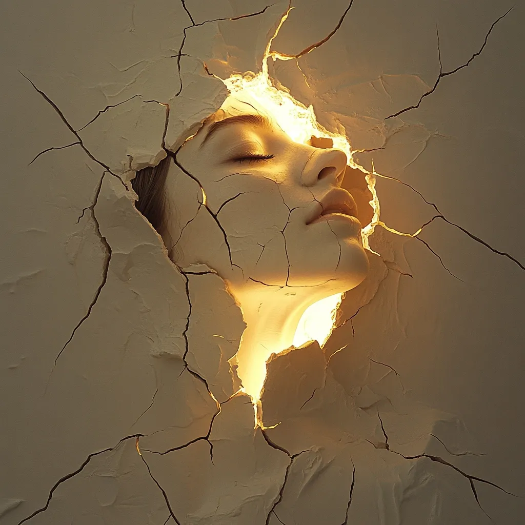 A serene face emerges from a cracked, light-emitting wall.  The woman's eyes are closed, her expression peaceful, as if breaking free from confinement.  The warm, inner light contrasts with the cool, fractured surface, creating a dramatic and ethereal visual. The image evokes themes of vulnerability, transformation, and inner strength.