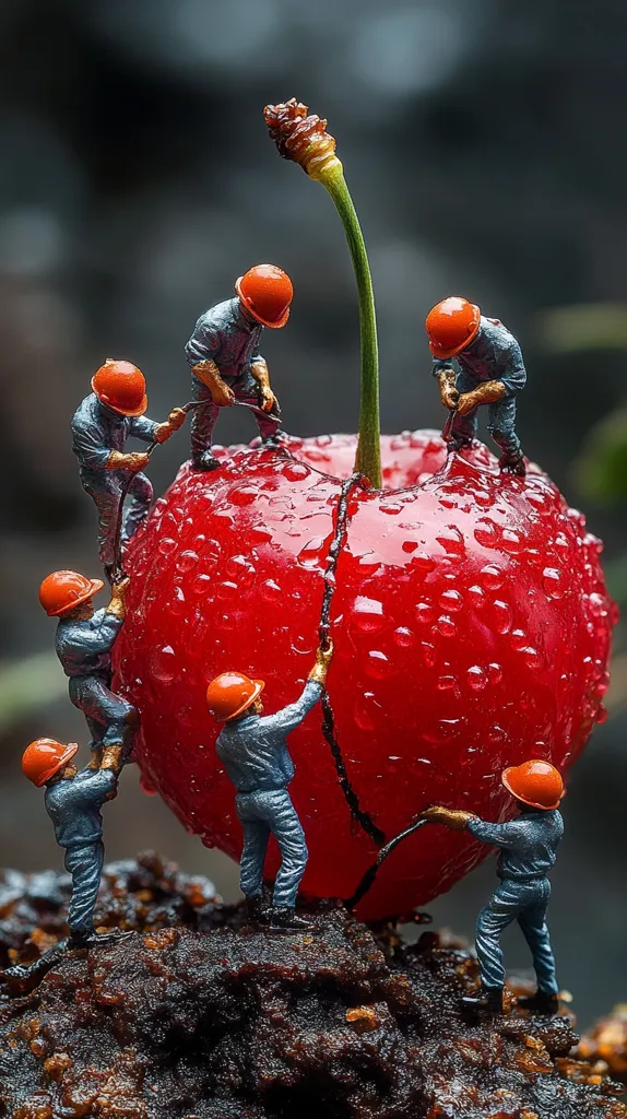 Miniature construction workers, wearing orange hard hats and gray overalls, meticulously work together to harvest a giant, glistening cherry.  Water droplets adorn the cherry's vibrant red skin. The scene is set against a blurred dark background, enhancing the dramatic effect of the tiny figures scaling and seemingly splitting the enormous fruit.  The image is a whimsical juxtaposition of scale and labor.