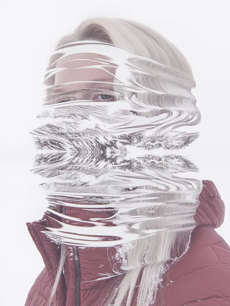 A woman with long, light blonde hair wears a maroon puffer jacket. Her face is partially obscured by a distorted, swirling, white, abstract image, suggesting a blend of her features with a snowy or icy landscape.  The effect creates a surreal and ethereal portrait, emphasizing the contrast between the warmth of the jacket and the coldness of the abstract element.