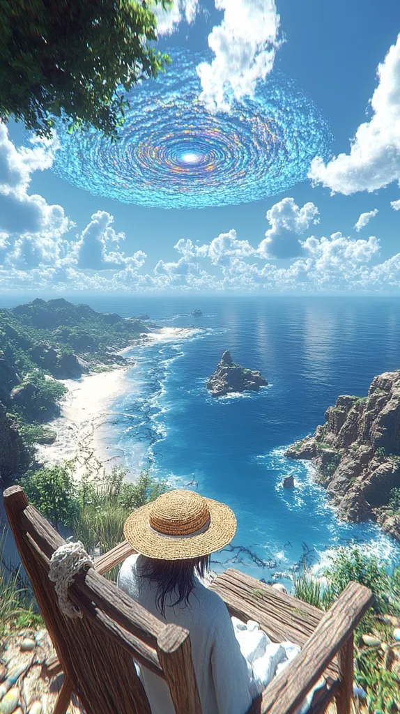 A person wearing a straw hat sits on a wooden chair overlooking a breathtaking coastal scene.  Turquoise waters lap a pristine beach, nestled between lush green hills and dramatic rocky outcrops.  Above, a mesmerizing swirling celestial phenomenon, reminiscent of a galaxy, fills the sky. The overall atmosphere is serene and otherworldly.