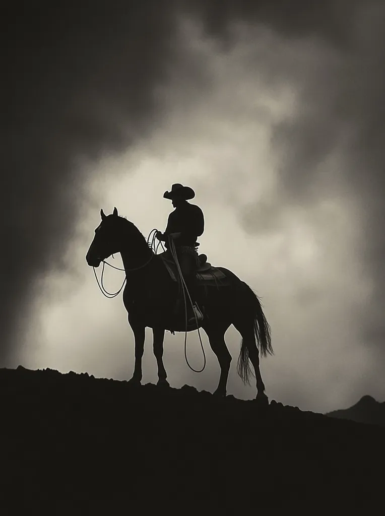 A silhouetted cowboy sits atop his horse, perched on a hilltop against a dramatic, dark sky.  The moody atmosphere is emphasized by the stark contrast between the dark figures and the lighter, cloudy background.  The lone cowboy and his steed create a powerful image of solitude and the vastness of the western landscape.  The rope dangles loosely, adding to the sense of stillness and quiet strength.