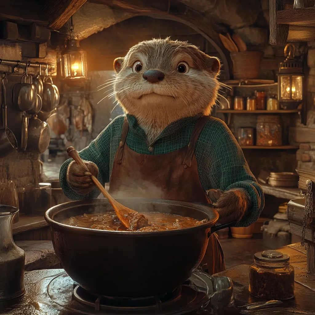 A charming anthropomorphic otter, wearing a green shirt and brown apron, stands in a rustic kitchen.  He's stirring a large pot of steaming stew with a wooden spoon.  The kitchen is dimly lit, with shelves stocked with jars and hanging pots adding to the cozy, old-world atmosphere.  The otter looks directly at the viewer, a friendly expression on his face.