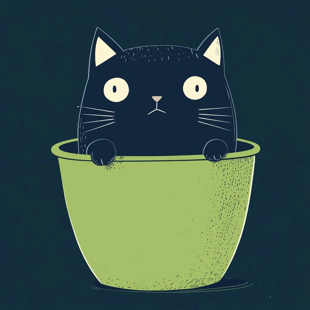A cute illustration features a black cat nestled inside a light green cup.  The cat's large, round eyes and small, pointed ears give it a curious expression. The style is simplistic, with a slightly textured background and a focus on clean lines. The overall effect is whimsical and charming.