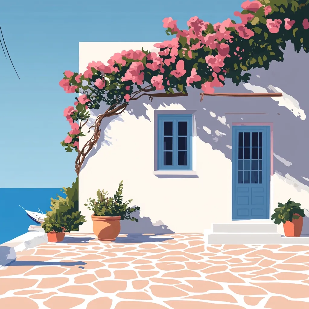 A charming whitewashed house, adorned with vibrant pink bougainvillea, overlooks a tranquil blue sea.  The house features a light blue door and window, adding a pop of color to the idyllic scene.  Potted plants flank the entrance, adding to the Mediterranean atmosphere.  A small boat is moored in the calm waters below. The patio is paved with irregular stone, creating a relaxed and inviting space.