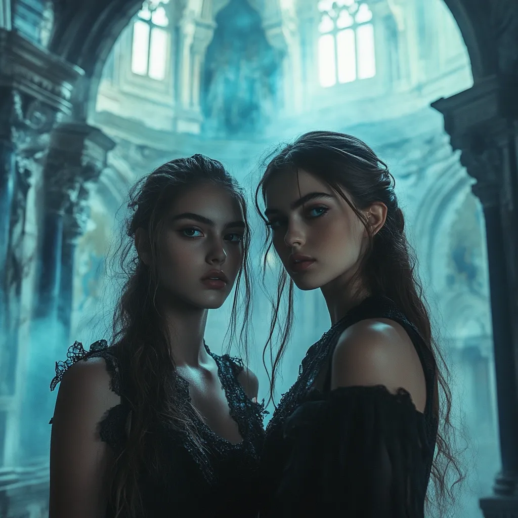 Two young women with long brown hair, wearing black lace dresses, stand close together in a dimly lit, gothic-style building.  A blueish haze or smoke adds to the atmospheric mood. Their expressions are serious and intense, creating a captivating and mysterious image. The architectural details of the background suggest an old church or cathedral.