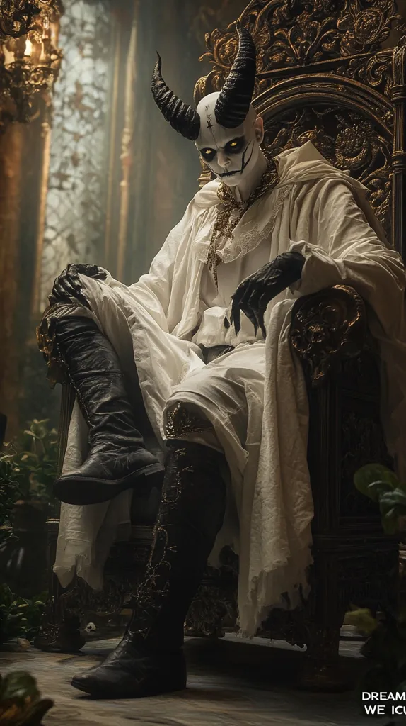 A pale-skinned figure with black horns and elaborate makeup sits on an ornate golden throne.  Dressed in a long, flowing white robe and tall, dark boots, the figure exudes an otherworldly, possibly demonic, presence. The setting is dark and atmospheric, enhancing the mysterious and regal aura of the subject.  The image is rich with detail, from the texture of the clothing to the carvings on the throne.