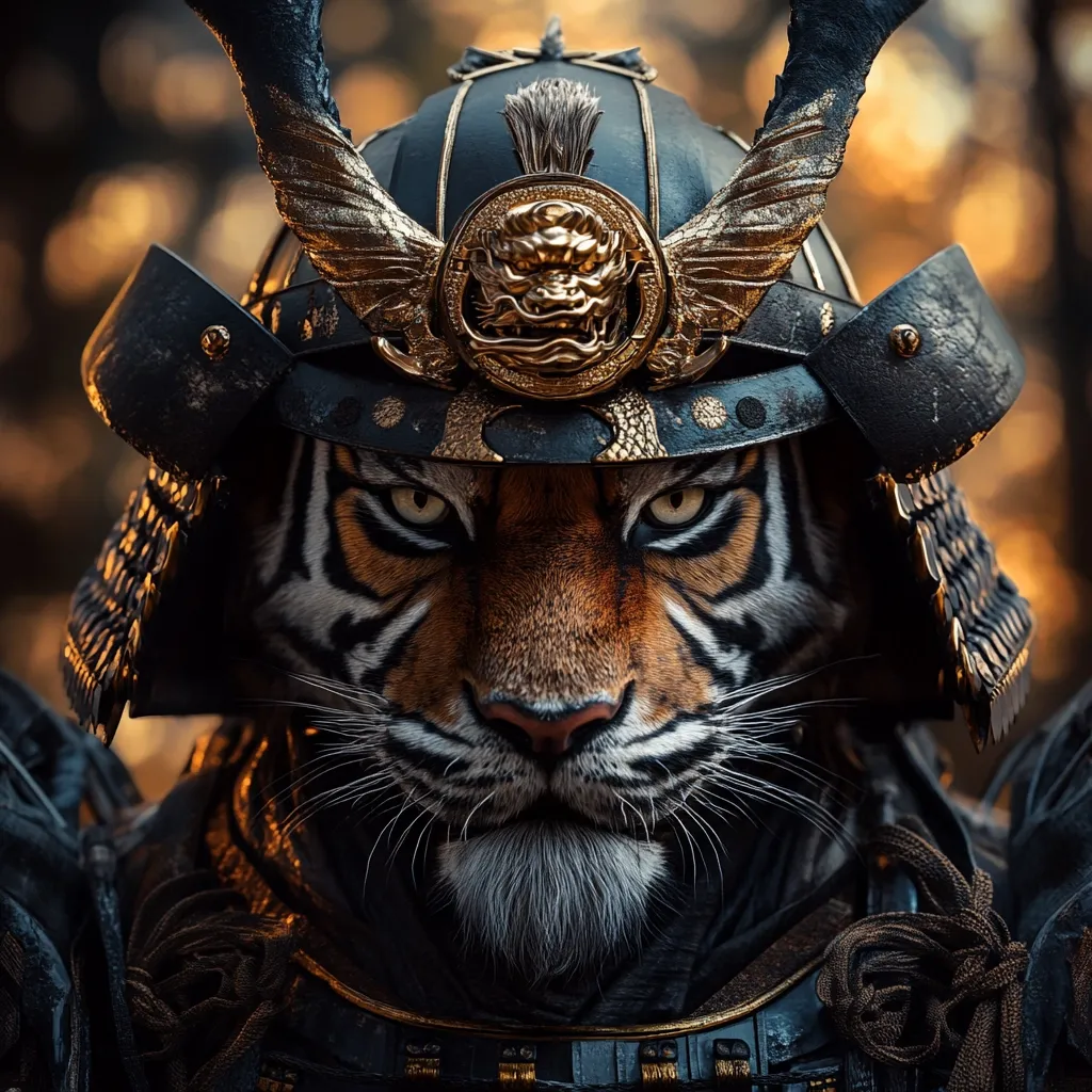 A majestic tiger's face fills the frame, its intense gaze piercing through the viewer.  The tiger is adorned in a meticulously detailed samurai helmet, complete with gold accents and winged embellishments.  The dark, brooding background enhances the powerful and regal presence of this digitally created warrior. The image blends nature's fierceness with the elegance of samurai armor.
