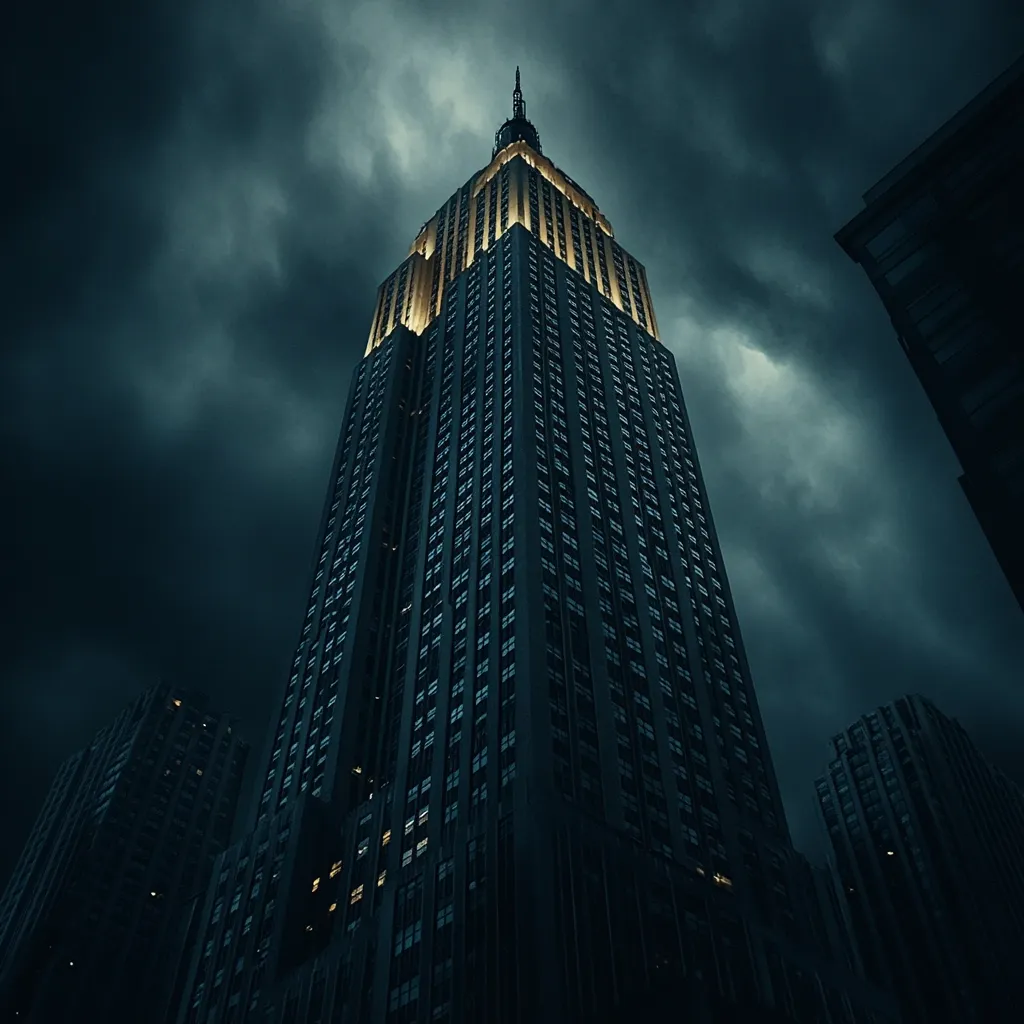 The Empire State Building stands tall against a dramatic, dark sky.  Its illuminated windows offer a stark contrast to the brooding clouds.  Surrounding buildings are silhouetted against the ominous backdrop, creating a powerful and atmospheric image of the iconic New York City skyscraper.