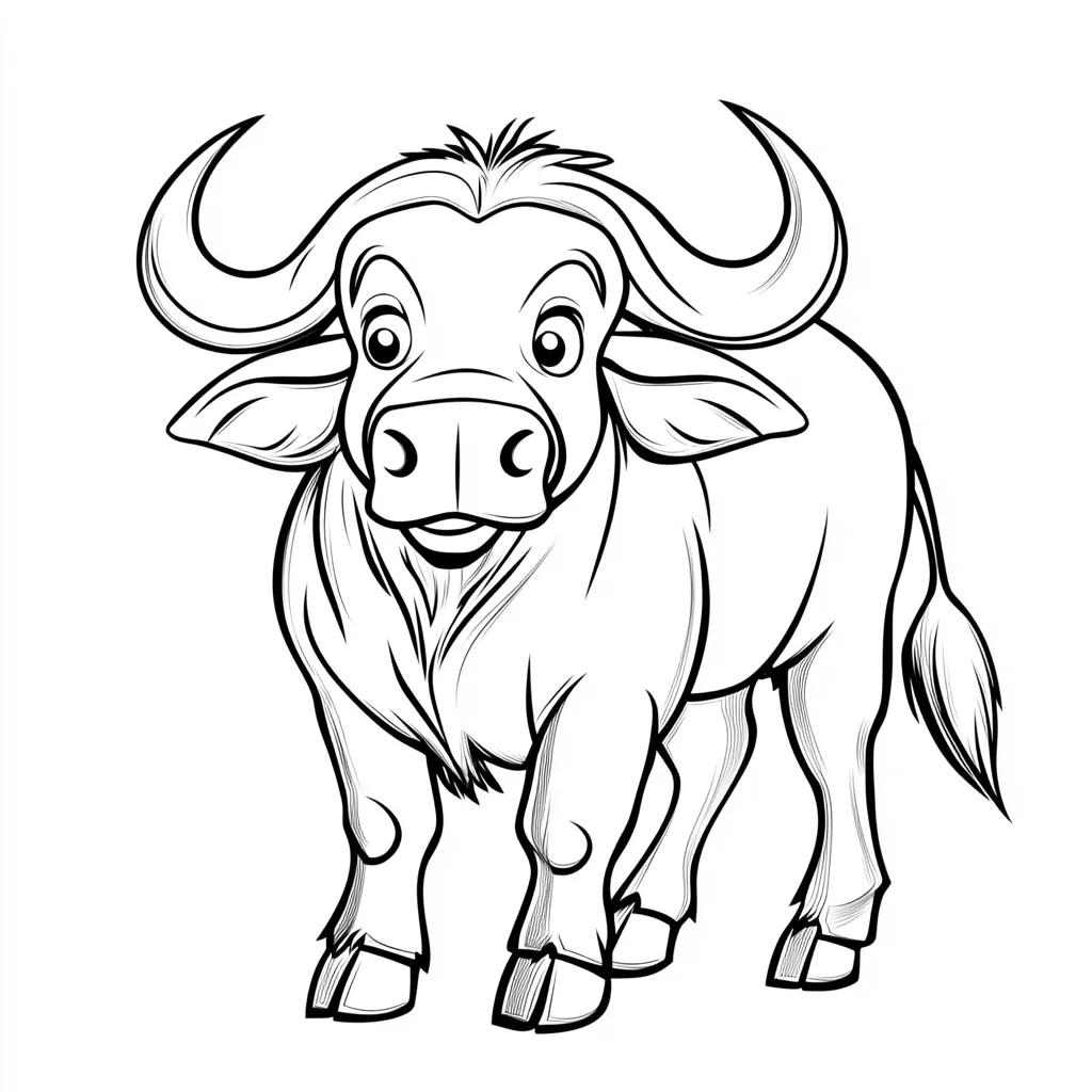 A black and white line drawing of a cartoon African buffalo.  The buffalo is depicted from a front three-quarter view, standing with its legs slightly apart. It has large curved horns, expressive eyes, and a friendly demeanor. The style is simple yet detailed, with shading suggested through line variation.  The image is suitable for coloring or use in children's books.