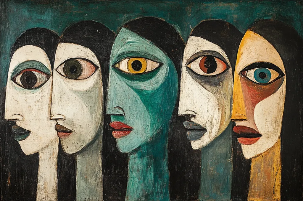 A cubist-style painting depicts five stylized female faces in profile, juxtaposed against a dark teal background. Each face is rendered with bold, simplified features and vibrant, contrasting colors, including whites, creams, teals, and oranges.  The eyes are large and expressive, showcasing a range of emotions.  The painting's overall effect is one of enigmatic intensity and geometric abstraction.