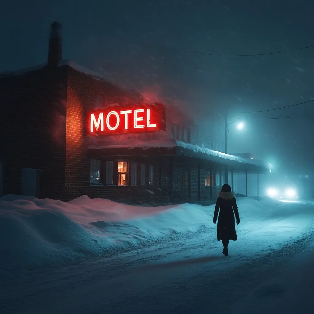 A lone woman walks towards a snow-covered motel in a blizzard.  The motel's red neon "MOTEL" sign glows brightly against the dark, wintry landscape.  Streetlights cast an eerie teal glow on the falling snow, creating a cold and atmospheric scene.  The overall mood is mysterious and slightly ominous.