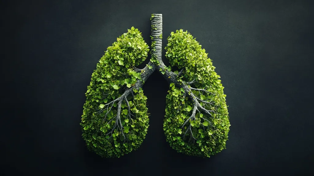 A stylized image depicts a pair of lungs formed from lush green foliage and tree branches against a dark background. The image uses the visual metaphor of lungs to represent the vital role of trees and nature in producing clean air for human respiration and overall environmental health.  The contrasting dark background emphasizes the vibrant green of the leaves.