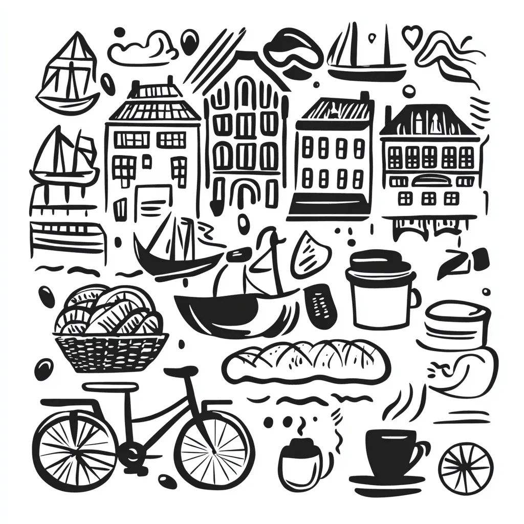 A charming black and white illustration features a whimsical collection of elements, seemingly inspired by a coastal town.  Buildings with distinctive European architecture are depicted alongside boats, a bicycle, a basket of bread, and coffee cups.  The style is hand-drawn, with loose lines and playful details, evoking a sense of warmth and casual charm.  The overall impression is one of relaxed, everyday life in a picturesque setting.