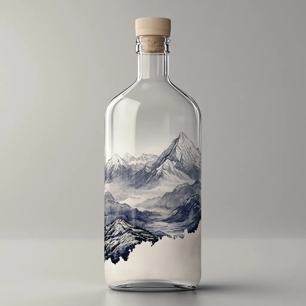 A clear glass bottle with a cork top features a captivating watercolor landscape.  The design depicts a serene mountain range in shades of blue and gray, rendered with a delicate, artistic touch. The image is minimalist, emphasizing the beauty of the natural scene contained within the transparent bottle.  The bottle stands on a simple, light gray background.