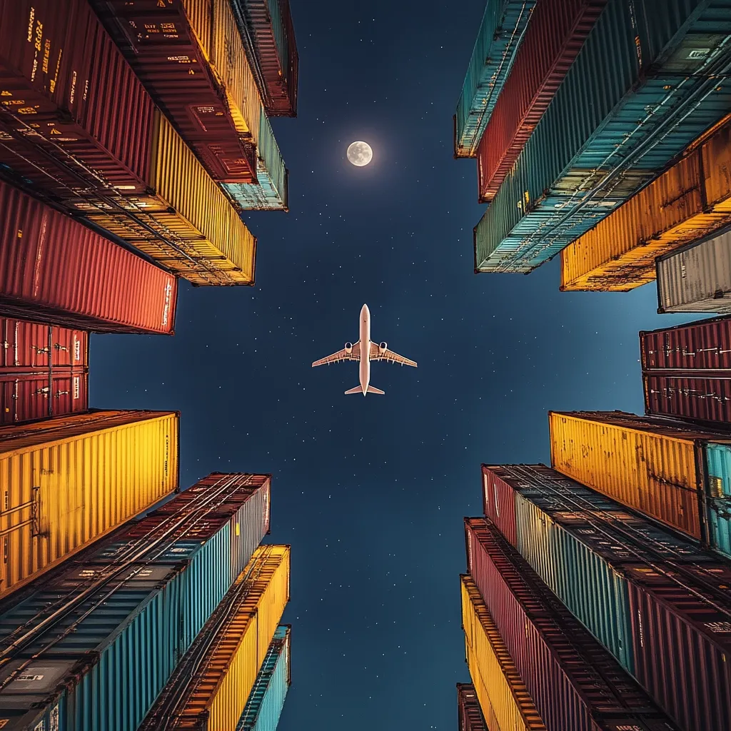 A low-angle shot depicts a passenger plane flying high above a vast array of colorful shipping containers stacked vertically against a night sky. The full moon is visible, adding to the surreal, almost dreamlike atmosphere. The image suggests global trade and transportation, with the plane representing the movement of goods across continents.  The containers' vibrant colors stand out against the deep blue, star-studded background.