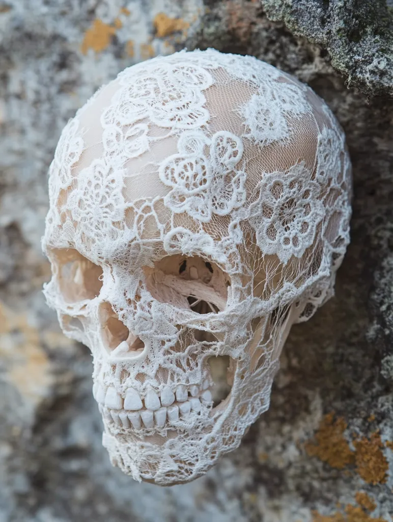 A human skull is completely covered in delicate, white lace. The lace features a floral pattern, draping over the skull's features, including the eye sockets and teeth. The skull rests against a rough, textured stone backdrop, creating a stark contrast between the delicate lace and the rugged stone.  The image is visually striking and evokes a sense of macabre beauty.