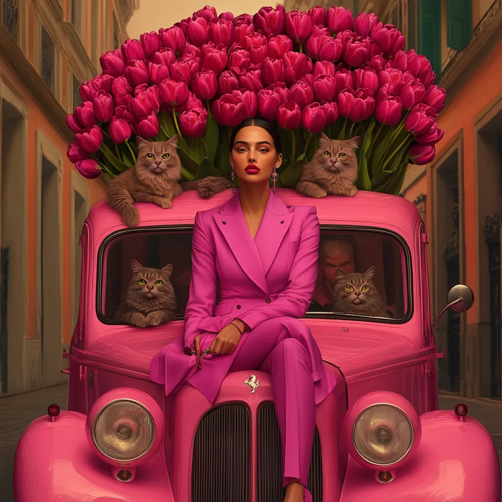 A woman in a vibrant pink pantsuit sits atop a pink vintage car, adorned with a massive bouquet of red tulips. Three fluffy brown cats are perched on the car, adding to the whimsical scene.  The backdrop is a picturesque city street, creating a stylish and surreal image. The overall aesthetic is one of luxury and playful elegance.