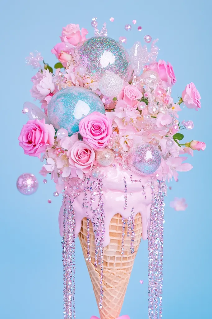 A whimsical ice cream cone creation adorned with pink roses, shimmering pastel baubles, and cascading glitter.  The pink ice cream appears to melt down the cone, creating a dreamy, delicate effect against a light blue backdrop.  The overall aesthetic is feminine and fantastical, evoking a sense of sweet, magical indulgence.