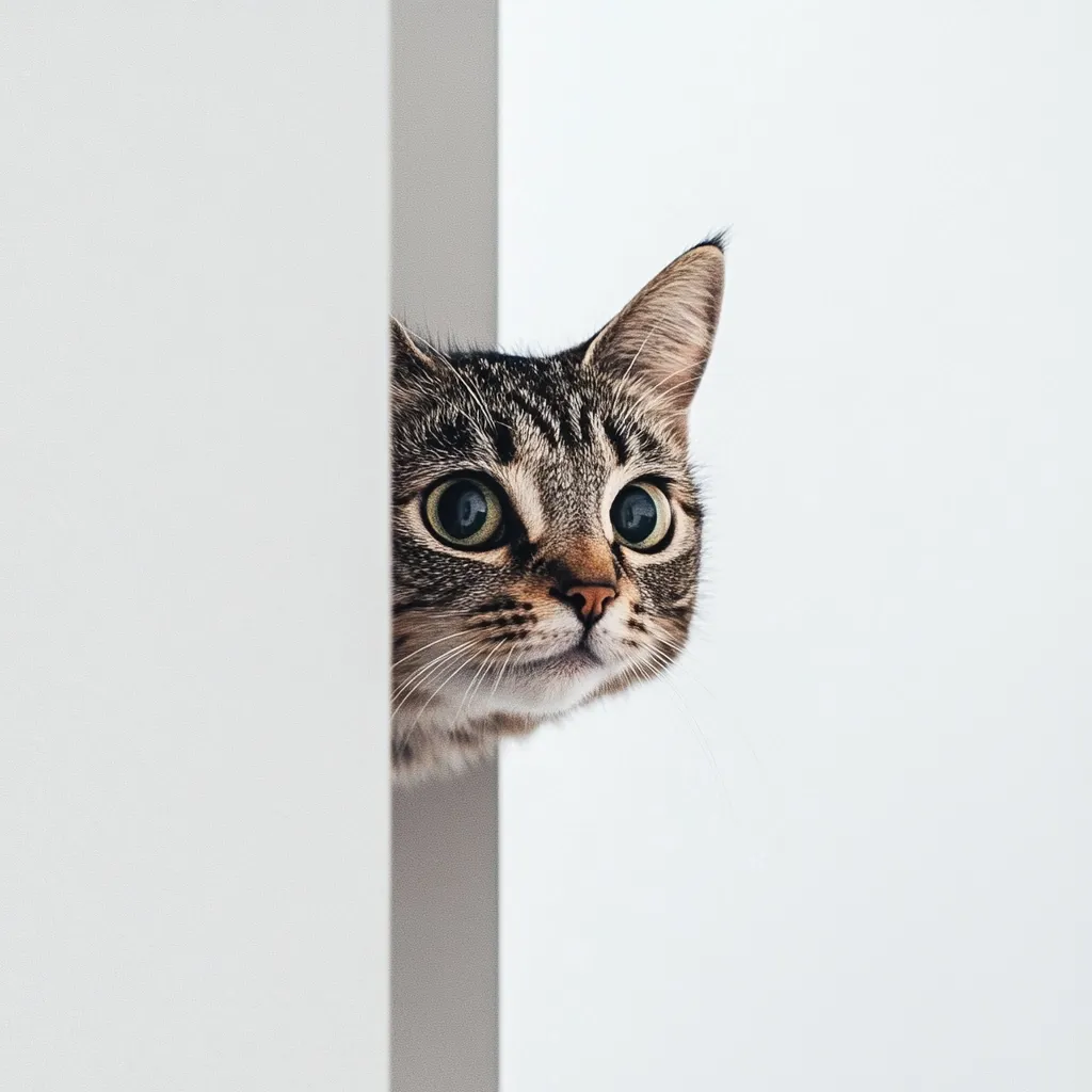 A curious tabby cat peeks from behind a white wall, its large, expressive eyes wide with interest.  Only its head and shoulders are visible, creating a playful sense of mystery. The cat's fur is a mix of brown and grey, and its gaze is directly at the viewer. The simple, clean background emphasizes the cat's captivating presence.