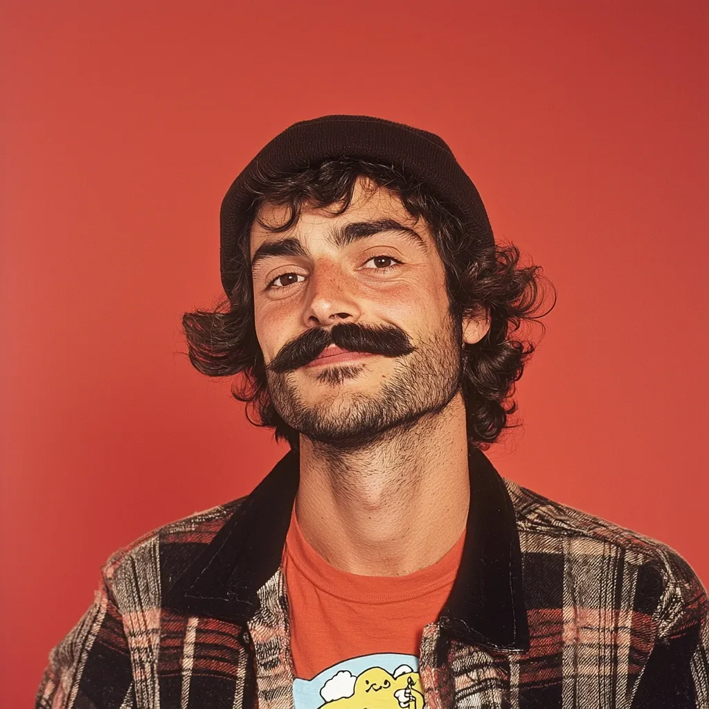 A young man with dark, curly hair and a prominent mustache smiles slightly at the camera. He's wearing a black beanie, a red t-shirt with a cartoon graphic, and a plaid flannel shirt. The background is a solid, vibrant orange.  His expression is relaxed and approachable.