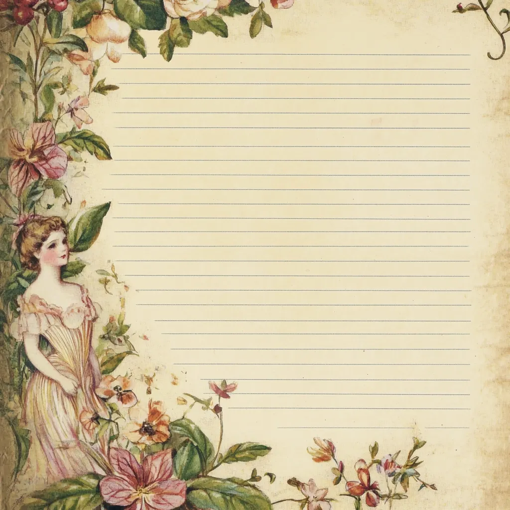 A vintage-style lined writing paper features a young woman in a floral dress, surrounded by lush roses and other blossoms.  The illustration is bordered by a delicate floral arrangement on a cream-colored background with a textured, aged appearance.  The paper is ideal for journaling, letter writing, or crafting. The overall aesthetic is romantic and nostalgic.