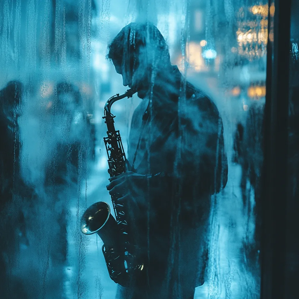 A silhouetted saxophonist plays their instrument behind a rain-streaked window.  The cool blue tones of the nighttime city blur through the glass, creating a moody atmosphere. The musician's focus is intense, their form partially obscured by the condensation and the smoky effect of the setting. The image evokes a sense of loneliness and artistic expression in an urban environment.