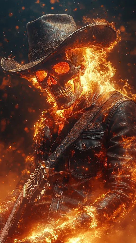 A fiery skull, engulfed in flames, wears a weathered cowboy hat and leather jacket.  The skull's eyes glow intensely, and it holds an electric guitar, also ablaze.  The image is dark and dramatic, with sparks and embers swirling around the figure, creating a powerful and surreal visual. The overall aesthetic is a blend of Western and gothic horror.