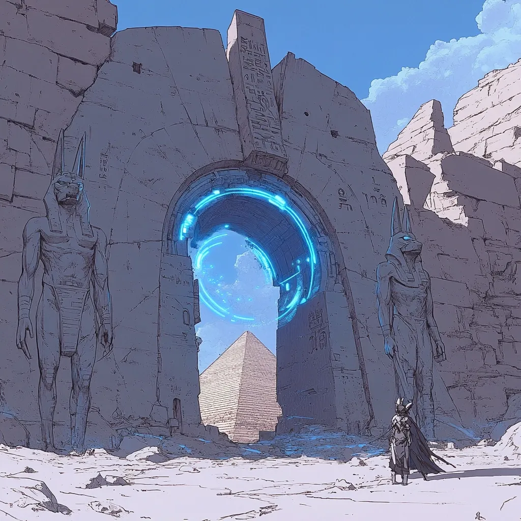 A figure stands before a crumbling ancient gateway flanked by colossal statues of Anubis.  A vibrant blue energy ring glows within the archway, revealing a distant pyramid. The scene blends ancient Egyptian architecture with futuristic technology, suggesting a portal or a connection between eras.  The desolate landscape and weathered stone enhance the sense of mystery and wonder.