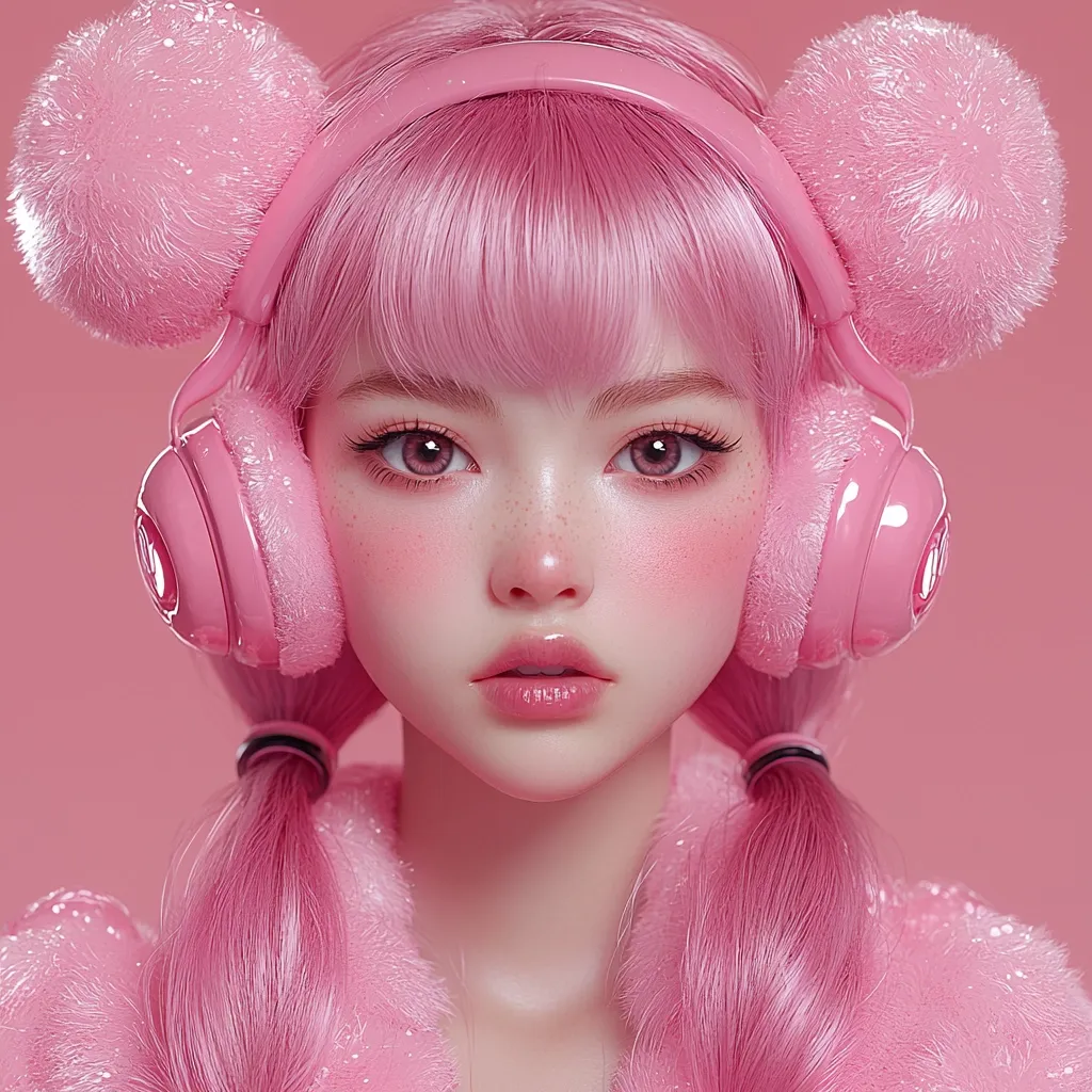 A digital rendering of a young woman with long, pink hair styled in pigtails.  She wears fluffy pink headphones with oversized earmuffs and a matching pink fluffy jacket. Her expression is serene, and her skin has a delicate, almost porcelain-like quality, accentuated by soft pink blush. The overall aesthetic is cute and dreamy, in a pastel pink color scheme.